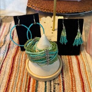 Turquoise and Green Beaded Jewelry Set 2 pairs of earrings and 1 bracelet